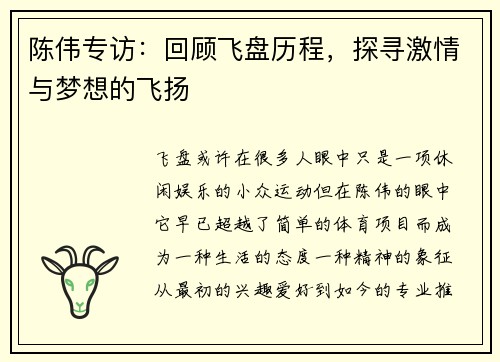 陈伟专访：回顾飞盘历程，探寻激情与梦想的飞扬